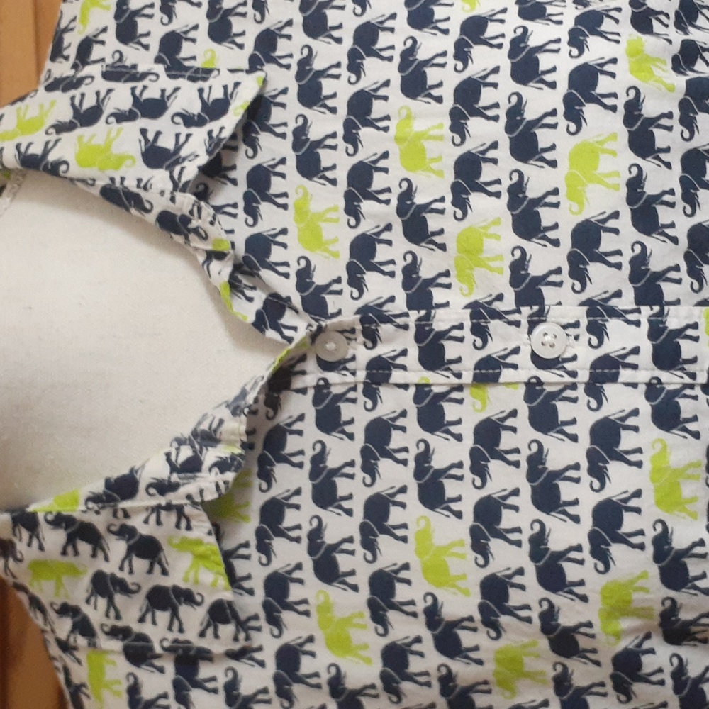 Elephants!! White Blouse with Navy and Lime Elephant Print
